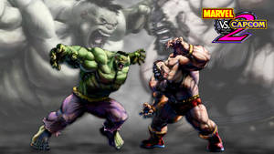 Hulk 同一個戰士喺漫畫風格嘅電子遊戲場景中戰鬥。