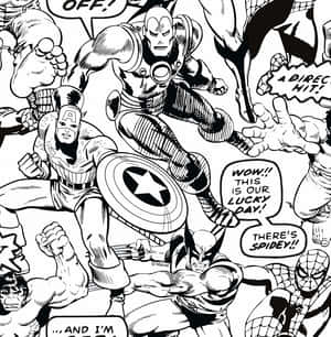 漫威超級英雄在充滿動作的漫畫面板中，帶有對話氣泡。
