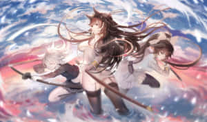 三個動漫女孩持劍跳躍在色彩繽紛的漩渦天空中。