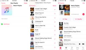 iPhone 音樂應用程式，顯示播放清單建立和帶有專輯封面的歌曲列表。