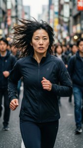 一個女人在繁忙的城市街道上奔跑，頭髮飛揚