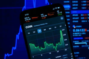 智能手機在深藍色金融屏幕上顯示帶綠色線條的 Coinbase 股票圖表。