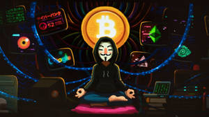 一個戴面具的人被加密貨幣符號和發光屏幕包圍著冥想。