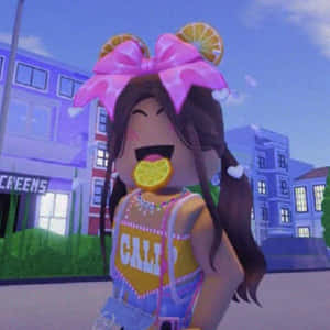 Roblox角色穿著檸檬主題配飾和「CALI」上衣，出現在充滿活力的城市場景中。