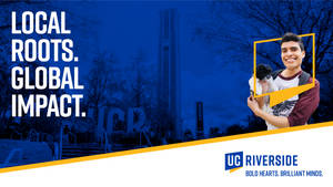 UC Riverside校園中學生與狗，背景為塔樓。