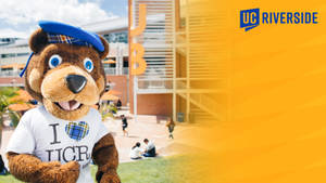 UC Riverside 熊吉祥物穿著 I heart UCR 襯衫在校園草地上