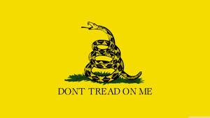 盤繞的黑色響尾蛇在綠色草地上，黃色背景上有「DONT TREAD ON ME」文字。