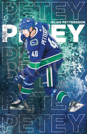 冰球運動員Elias Pettersson身穿Canucks制服，背景為「PETEY」文字。 — 冰球 壁紙