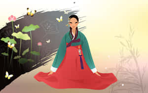 穿著傳統韓國韓服的女士坐在蓮花植物旁，蝴蝶飛舞