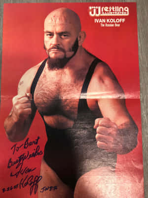 摔角手 Ivan Koloff 身穿黑色緊身衣，在紅色背景前擺姿勢的親筆簽名 Pro Wrestling Illustrated 海報。 — 摔角 GIF 壁紙