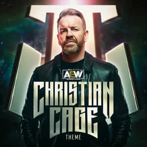 Christian Cage 身穿黑色皮褸，發光 T 標誌和宇宙背景。