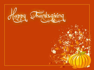 橙色背景上帶有南瓜和秋葉的Happy Thanksgiving賀卡。