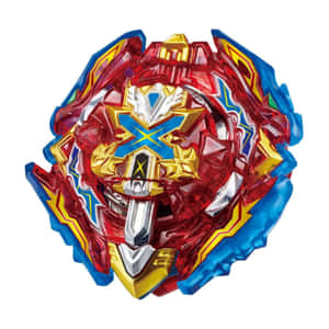 一個色彩繽紛的Beyblade玩具，帶有紅、藍、金色點綴。