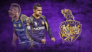 兩名身穿紫色球衣的板球運動員與Kolkata Knight Riders標誌一起慶祝。