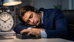 一名穿西裝的男子在辦公室桌上睡覺，附近有耳機和鬧鐘。