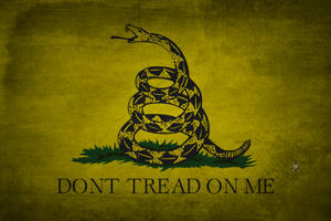 盤繞的黑色響尾蛇在綠色草地上，黃色背景上有 don't tread on me 文字。