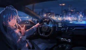 動漫女孩在夜晚駕駛汽車穿過發光的城市。 — 動漫車 壁紙