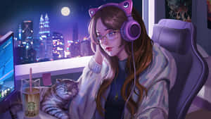 戴貓耳耳機的年輕女性和睡著的貓在書桌前，夜晚城市景觀。