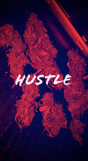 霓虹燈下的紅色大麻花蕾，疊加 'HUSTLE' 字樣。