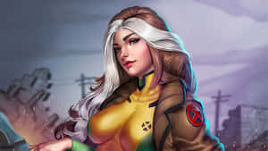 一位穿著X-Men制服的女性超級英雄站在廢墟城市景觀中。