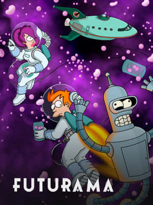 Futurama 角色在太空中漂浮，有太空船和粉紅色氣泡。