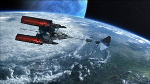 未來太空船繞地球運行，帶有發光引擎和星空背景。