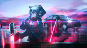 有貓耳和發光劍的動漫女孩，在日落時站在未來汽車旁邊。