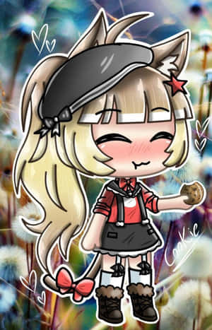 可愛的動漫女孩，有狐狸耳朵，在蒲公英田裡拿著餅乾，有心形。