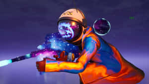 一位身穿太空服的太空人在繁星點點的宇宙環境中發射發光武器。