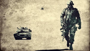 士兵在 gritty 戰爭場景中與坦克和直升機一同行進。 — 軍事動圖 壁紙