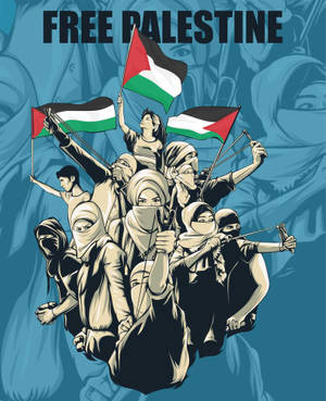 抗議者高舉巴勒斯坦旗幟和弓箭，並帶有文字「FREE PALESTINE」。
