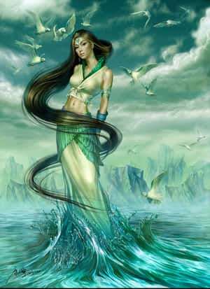 一位神話中的美人魚，長著深色長髮，從海浪中升起，周圍環繞著飛翔的白鳥。 — 風景動圖 壁紙