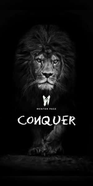 帶有「CONQUER」文字的強大獅子，用作勵志壁紙。