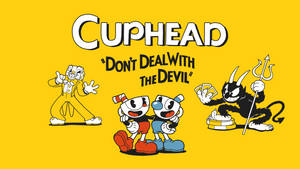 Cuphead 和 Mugman 面對一個拿著卡牌的惡魔，卡牌上寫著「Don't Deal With The Devil」。