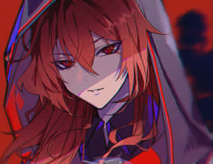 紅髮紅眼動漫少女，在深紅與紫色場景中。