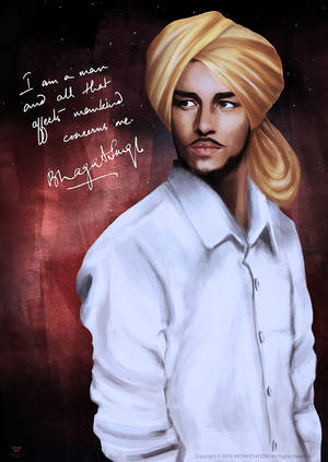 Bhagat Singh 的肖像，戴著金色頭巾和白襯衫，他的名言在紅色星空背景上。