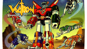 Voltron和他的五隻獅子機甲在動態的動漫風格動作場景中。