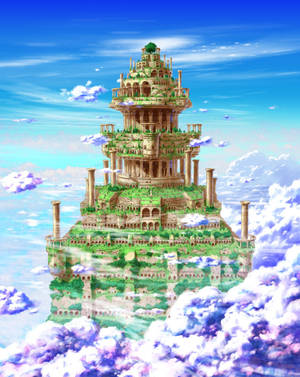 一座浮空城堡，在藍天下雲層之上，擁有綠色植物和石頭建築。