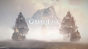 三艘帆船穿過迷霧向山航行，標題 GreedFall。