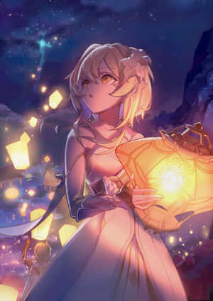 動漫女孩在繁星點點的夜空下提著發光燈籠，周圍有漂浮的光芒。