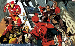Marvel超級英雄在城市街道上空進行空中戰鬥。 — 鐵甲奇俠標誌 壁紙