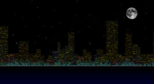 像素化城市天際線夜景，窗戶發光，滿月與星空下。