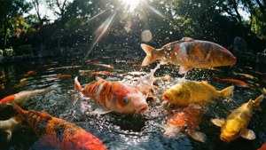 充滿活力的鯉魚池景，魚兒躍水，陽光灑落，氣勢十足。