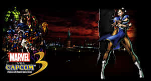Marvel vs Capcom 3 角色在黃昏時分黑暗的城市天際線上戲劇性地擺出姿勢。 — 漫威超級英雄 壁紙