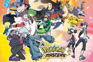 Pokémon Masters 動畫角色和寶可夢在鮮豔的漸變背景前擺出動作姿勢。
