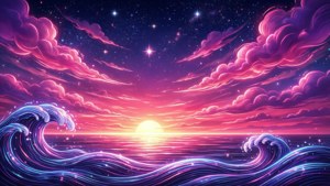 日落時分，帶有粉紫色雲彩和天空中星星的發光海浪。 — Outrun 壁紙