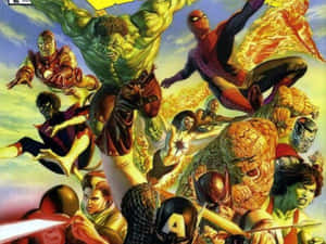 Marvel超級英雄在明亮天空下擺出動態動作姿勢。 — 漫威超級英雄 壁紙