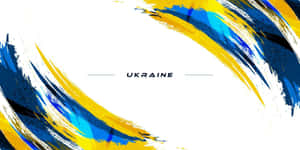 大膽的藍色和黃色筆觸在白色背景上框住Ukraine一詞。 — 烏克蘭 壁紙
