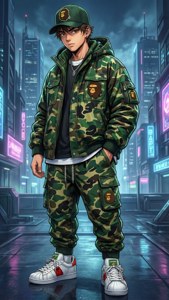 身穿迷彩服的年輕動漫角色在夜晚霓虹城市中站立