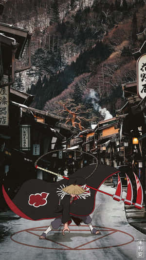 身穿紅色雲紋斗篷的動漫忍者走在霧氣瀰漫的日本街道上。 — 火影忍者疾風傳 壁紙